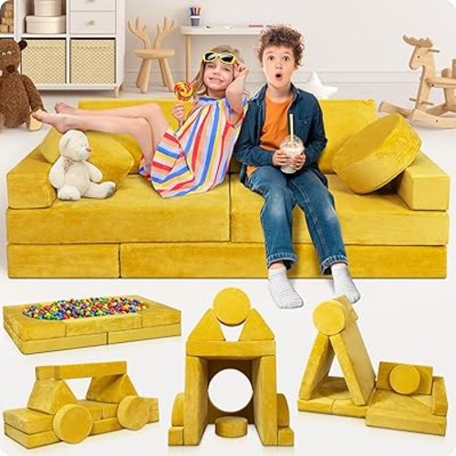 Lunix LX15 14pcs Modular Kids Play Couch, Child Sectional Sofa, Fortplay Bedroom and Playroom Furniture for Toddlers, Convertible Foam and Floor Cushion for Boys and Girls, Amber Yellow