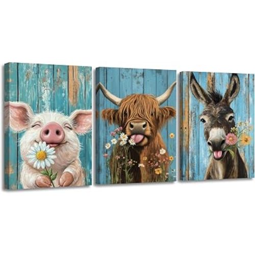 AWPANERAR 3 Pieces Farmhouse Kitchen Wall Art Farm Animal Pictures Highland Cow Pig Donkey Canvas Print Rustic Animal With Flower Picture Teal Paintings for Bathroom Decor (12.00" x 16.00" x 3PCS)