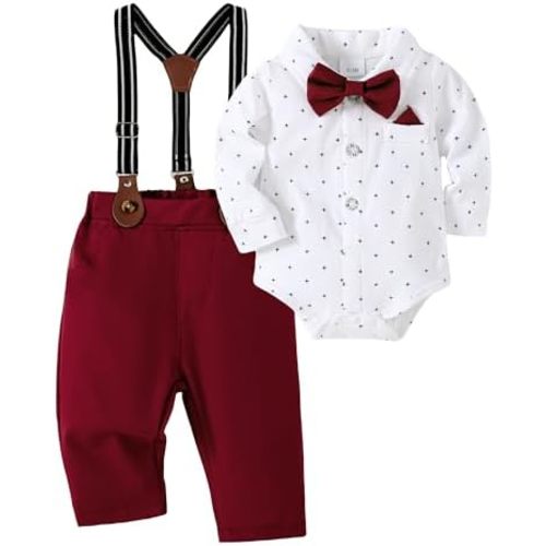 AMAWMW Baby Boy Clothes Suits 0-18M Long Sleeve Dress Shirt Suspender Pants Bowtie Set Gentlemen Wedding Outfit