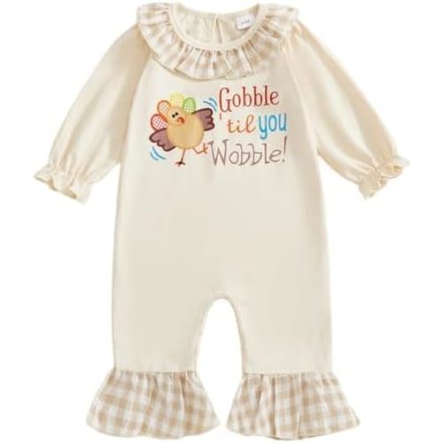 Newborn Infant Baby Girl Thanksgiving Outfit Letter Turkey Romper Bubble Long Sleeve Romper Fall Clothes