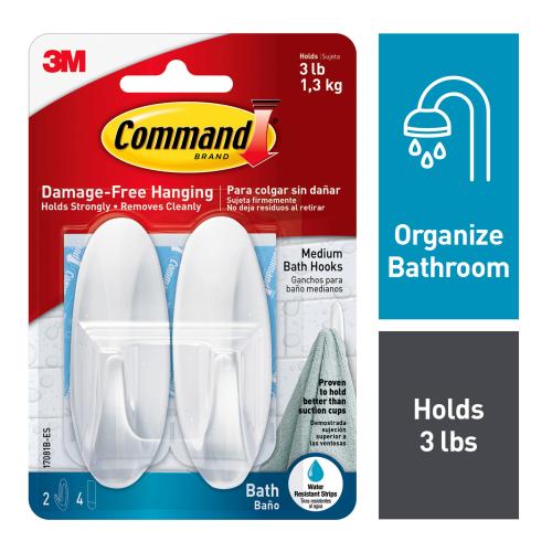 Command Medium 2 -Pack White Adhesive Bath hook 3-lb Capacity