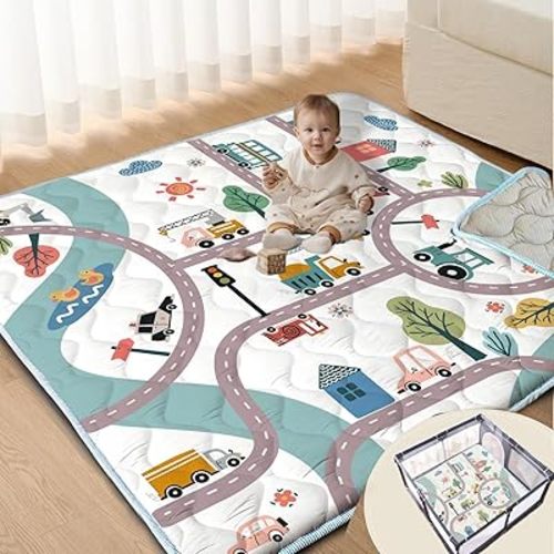Baby Play Mat, 47x47 Play Mat for Playpen, Thick Soft Cushioned Baby Mat for Floor, Non-Slip Car Play Mats, Washable Baby Playmat for Babies Toddlers Infants Activity & Tummy Time (Car,47x47)