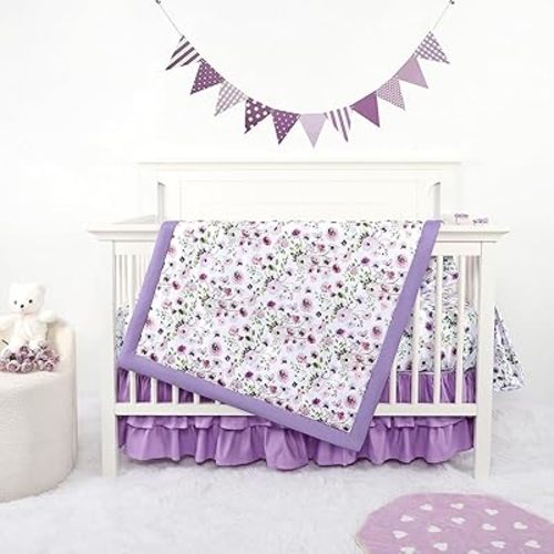 GFU Crib Bedding Set for Girls 4-Piece, Bow Baby Girl Crib Bedding Set Purple Flowes, Nursery Sets Includes Comforter, Fitted Crib Sheet, Crib Skirt, and Diaper Stacker