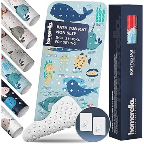 Bath Tub Mat Non Slip Anti Mold for Kids BPA Free INCL Hooks - homerella® Ocean Sea Animals 40x16, Baby Bath Mat Non Slip 200 Suction Cups, Non Toxic Machine Washable Toddler Bath Mat, EU Certified