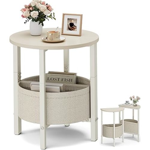 Vagusicc Small Round Side Table End Table, Tall Accent Table with Storage Basket, Set of 2 Half Round Tables Half Moon Tables, Coffee Bedside Tables, Modern Nightstand for Living Room Bedroom, Cream