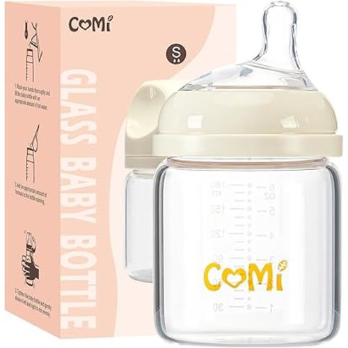 COMI Natural Glass Baby Bottles for Breastfeeding Babies,Newborn Anti-Colic Baby Bottle Set with Slow Flow Nipple,0-3 Months,BPA-Free,6 oz,1 Pack