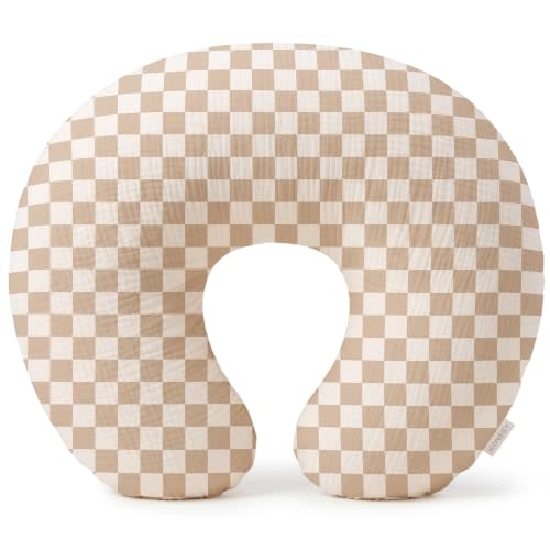 Konssy Muslin Nursing Pillow Covers, Soft Cover for Breastfeeding Pillows | Cover Only, 100% Cotton, Comfortable & Durable, Machine Washable, Slipcovers for Newborn Baby Boys & Girls, (Coffee Check)