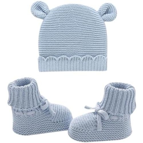 Hadetoto Cotton Baby Beanie and Booties Set Newborn Knit Sock Shoes Warm Winter Hat Cap for Infant Boy Girl