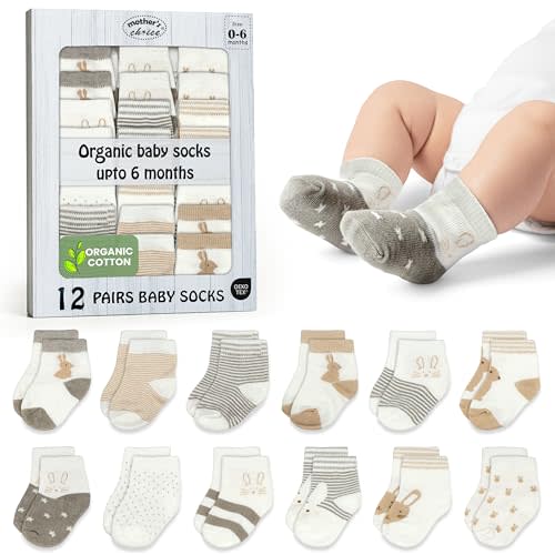 Mother's Choice Baby Socks 6-12 Months 12 Pairs Organic Cotton Blend Infant Socks Stay-On for Crawling & First Steps OEKO-TEX Certified Baby Gift