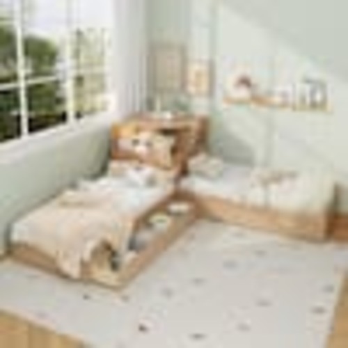 Harper & Bright Designs Natural (Yellow) Wood Frame Twin L-shaped Platform Bed with Trundle and Drawers Linked with Built-in Desk and LED YJH153AAN