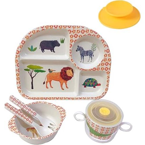 shopwithgreen 7Pcs/Set Bamboo Kids Dinnerware Set - Children Dishes - Food Plate Bowl Cup Spoon Fork Set Dishware, Cartoon Tableware, Dishwasher Safe Kids Healthy Mealtime, BPA Free