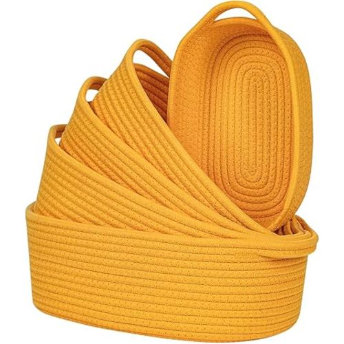 CubesLand Small Cotton Rope Storage Basket Set 5, Shelves Baskets for Organizing with Handle, Decorative Closet Storage Bins for Countertop Toilet Paper Basket for Toilet Tank Top,Yellow Basket