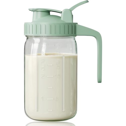 Breast Milk Pitcher, Mason Jar 32 oz, Heavy Duty Wide Mouth Jar with Green Flip Cap Lid and Pour Spout, Airtight Seal for Freshness and Convenience, Great for Cold Beverages and Home Entertaining