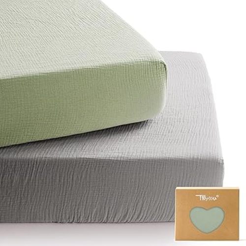 TILLYOU 2 Pack Muslin Crib Sheets for Boys and Girls, 100% Cotton Fitted Crib Sheet for Toddler 52x28 Standard Crib Mattress, Grey and Saga