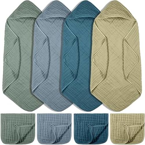8 Pcs Baby Muslin Hooded Bath Towels and Washcloths, 32 x 32 Inch Cotton Absorbent Blankets for Newborn Infant Shower Gift (Dark Green, Dark Blue)