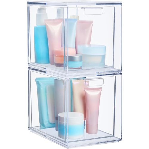 STORi Audrey Stackable Bin Clear Plastic Organizer Drawers | 2 Piece Set | Organize Cosmetics and Beauty Supplies on a Vanity | Made in USA