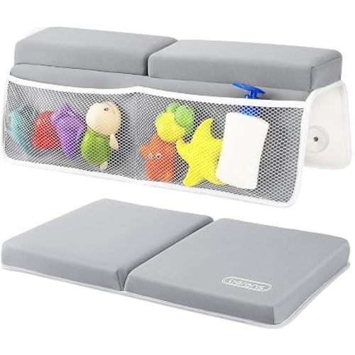beiens Bath Kneeler and Elbow Rest Pad Set - 1.5'' Comfortable Baby Bath Kneeler Pads, Thick Quick Dry Kneeling Pad Support for Knee& Arm, Large Bathtub Mat with Toy Organizer for Happy Baby Bath Time