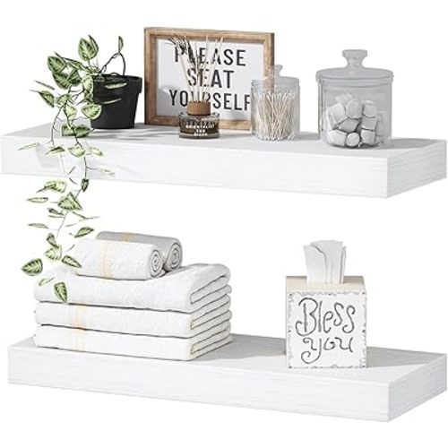 QEEIG White Bathroom Floating Shelves for Wall Shelf Over Toilet Wall Mounted Farmhouse Small 16 inch Set of 2 (008-40W)