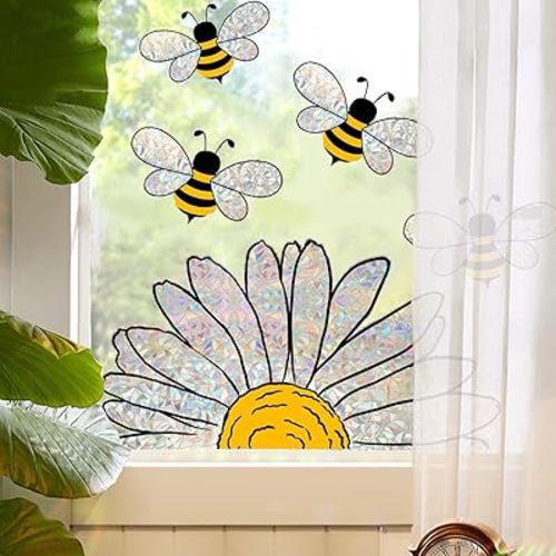 5pcs Spring Summer Bee Sunflower Window Stickers, Double-Side Glass Decals Shiny Rainbow Prism Window Clings for Mirror Glass Display Shop Office School Supplies Reusable