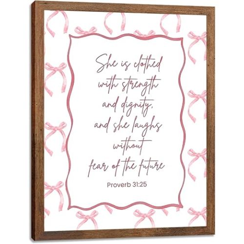 SEHSUVC Pink Bows Bible Verse Christian Canvas Wall Art, Wood Framed Trendy Religious Wall Decor, Cute Coquette Preppy Girls Aesthetic Room Decor Gifts for Bedroom Living Room Home Decor 8x10inch