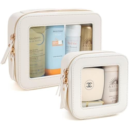 KOTORA Clear Makeup Bag Organizer Set,Portable Travel Toiletry Case for Women, Vegan Leather Cosmetic Pouch Car Bag for Essentials Car Accessories for Women Girls(White)