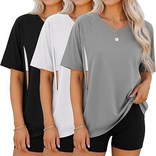 3 Pack Women's Oversized Nursing Shirts with Hidden Zip Breastfeeding Tops Short Sleeve Raglan Maternity Clothes