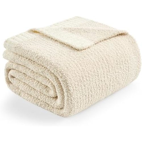 Snuggle Sac Buttery Ivory Throw Blanket for Couch, Reversible Super Soft Knitted Blankets, Warm Cozy Knit Fuzzy Plush Lightweight Throws Dupes for Sofa, Bed, Picnic, Ivory, 50 x 60 inches