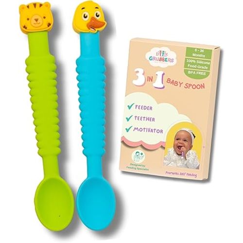 3-in-1 Silicone Baby Spoon Self Feeding 6+ Months - Pediatric OT Designed Teether Spoon, BPA Free Toddler Utensils, Mess-Free, Fun for Baby Led Weaning Supplies, Duck & Tiger