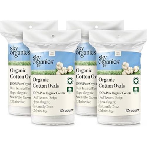 Sky Organics Organic Premium Cotton Large Pads for Makeup Removal, Cleansing, Toner Application, 100% Pure Organic Cotton with GOTS Certified, Dual Textured Design, 240 Count