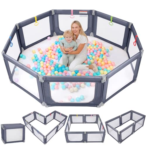 Kidirect Foldable Baby Playpen, 71"×69" Extra Large Play Yard for Babies and Toddlers, Portable Indoor Outdoor Safety Baby Fence with Breathable Mesh, Grey