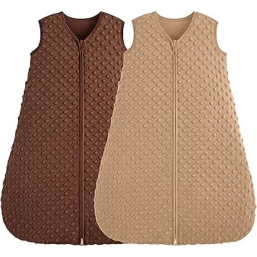 Fleece Baby Sleep Sack 0-6 Months, 1.5 TOG Cotton Baby Wearable Blanket With Soft Plush Dots, 2 Pack Newborn and Infant Warm Sleeping Sack with 2-Way Zipper Brown&Coffee