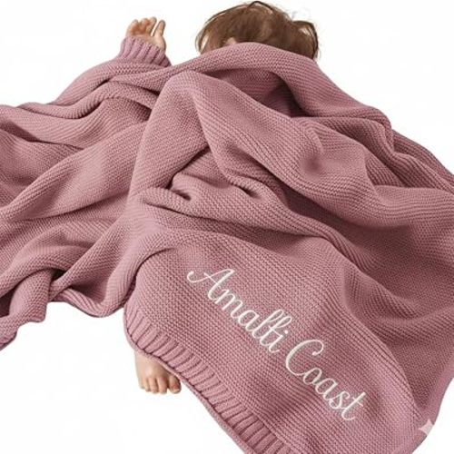 Personalized Baby Blanket Items, Custom Hand Knit Baby Blanket 40 x 30 in, Soft Breathable Muslin Baby Swaddles with Name, for Newborn Baby Boy/Baby Girls Gifts and Birthday, Festival Gifts