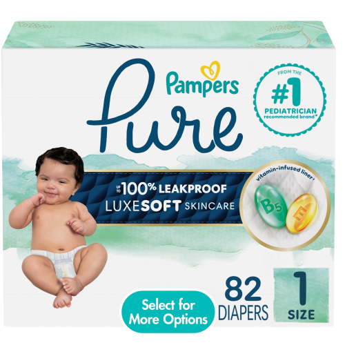 Pampers Pure Baby Diapers, Size 1 (8-14 lbs), 82, up to 100% Leakproof