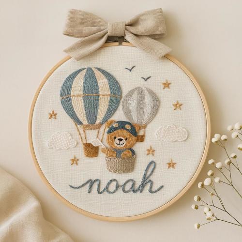 Hand-Embroidered Baby Name Hoop: Hot Air Balloon Nursery Decor