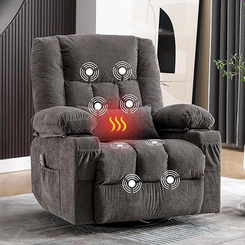 Massage Swivel Recliner Chair with Vibration Massage and Lumbar Heating for Adults,Oversized Rocker Recliner Single Sofa with Side Pocket,Two Cup Holders and USB Charge Port for Living Room