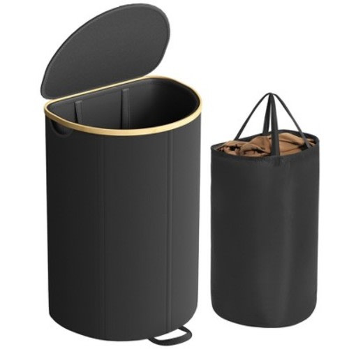 SONGMICS Laundry Hamper, Laundry Basket with Lid, 23.8 Gal. , with Removable Liner Bag, Ink Black and Light Bamboo