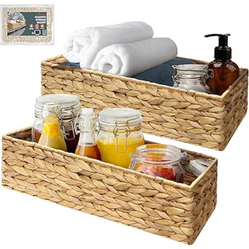 2-Pack Handwoven Water Hyacinth Storage Baskets, Wicker Bins for Pantry Organization, Shelf or Closet Organizer, Decorative Boho Rectangular Basket 15.7" x 6.7"