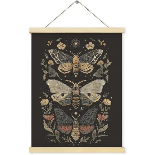 Shrago Moody Rustic Floral Moths Wall Art, Dark Academia Cottagecore Butterfly Gothic Flower Botanical Poster Hanger Frame for Bedroom Living Room Home Office Wall Decor, 12x16 Inch