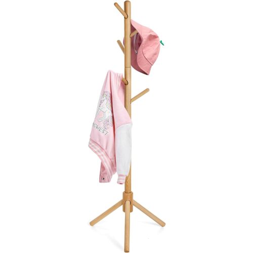 Kid's Coat Rack Stand Beech Wood Clothes Tree, Height Adjustable Freestanding Child Jacket Holder with 9 Hooks, Hanging Hats and Handbags, Hallway, Entryway,Bedroom, Easy Assembly (Natural)