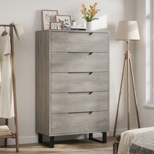 5 Dresser for Bedroom, 47" Tall Dresser, Vertical Drawer Dresser with Storage Freestanding, Wooden Closet Dresser for Living Room, Entryway Ash Gray
