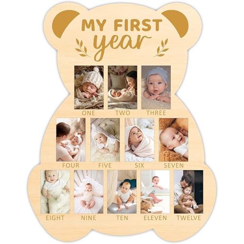 Bear My First Year Photo Board, Bear Baby Milestone Signs for Boys Girls Nursery Decor, 12 Month Pictures for Baby First Year, Picture Board for 2x3 Photos, Best Babies Keepsake Gifts-A26