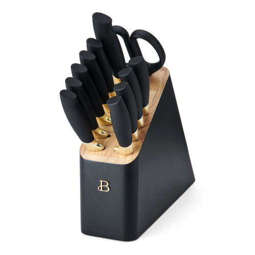 Beautiful by Drew Barrymore 12-Piece Black Sesame Stainless Steel Knife Block Set with Soft-Grip Ergonomic Handles