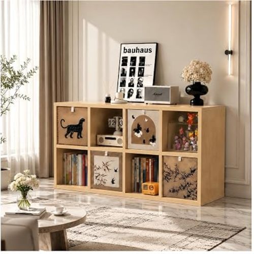 real Solid Wood 8 Cube Storage Organizer Shelf with 4 Bins,Low Bookcase