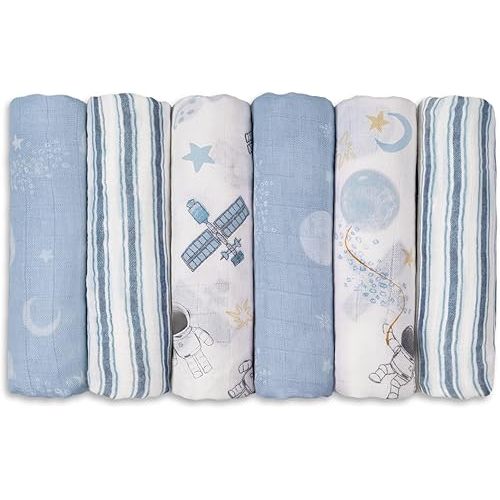 GLLQUEN BABY Receiving Blanket Boy Cotton Muslin Swaddle Blankets Girl Newborn Squares Breathable & Soft Thin Baby Blankets Cloths Double Absorbent Infant Swaddling Wrap - 6 Pack (Blue Astronaut)