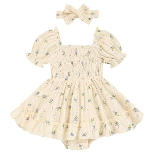 GRNSHTS Baby Girl Romper Dress, Puff Sleeve Smocked Outfit with Headband for Infants Soft Cotton Photo Shoot
