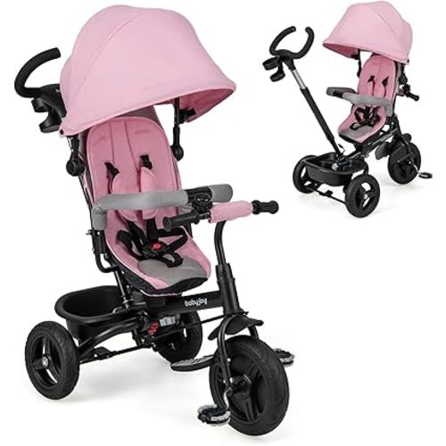 BABY JOY Tricycle, 6 in 1 Trike for Toddler w/Reversible Seat, Adjustable Canopy & Parent Handle, 5-Point Safety Belt, PU Wheels and Storage Basket, Push Tricycle for 9-60 Months (Pink)