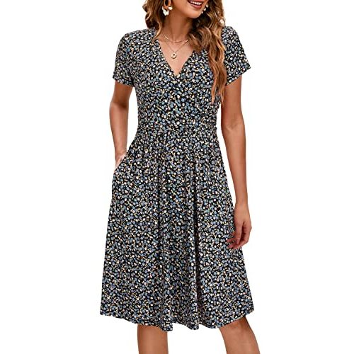 OUGES Women's 2025 Fashion V Neck Midi Dress with Pockets Maternity Clothes Nursing Dresses