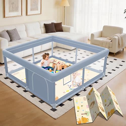 XVISHX 50 x 50 Inch Baby Playpen with Mat, Playpen for Babies and Toddlers, Baby Playard for Indoor & Outdoor Active Center Game Fence, with Skin-Friendly Fabric and Soft Breathable Mesh, Grey