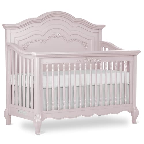 évolur Aurora 5-in-1 Convertible Full-Size Baby Crib in Dusty Rose, GreenGuard Gold & JPMA, 3 Mattress Heights, Ribbon Bow Scrollwork & Queen Anne Feet, Converts to Toddler, Day & Full-Size Bed
