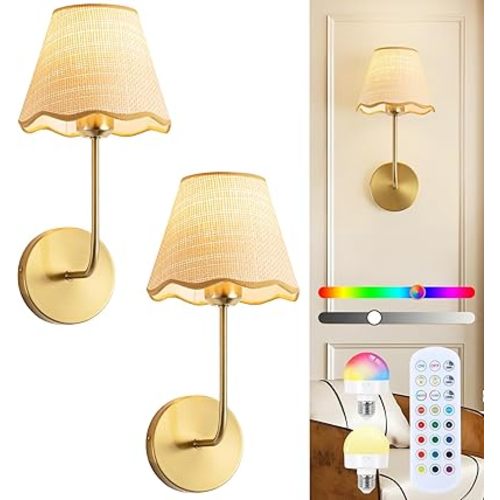 ADISUN Battery Operated Wall Sconce Set of 2, Gold Wall Lamps for Living Room, Rechargeable Bulbs, RGB. Rattan Shade Wireless Wall Lights for Bedroom Living Room Hallway Kitchen(Bulbs Included)